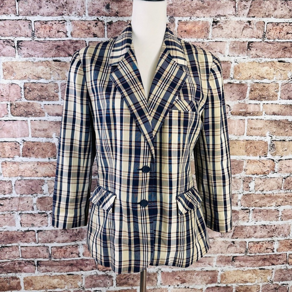 Donnkenny Separates Women's Plaid Blazer Jacket Size 12 Navy Beige Red